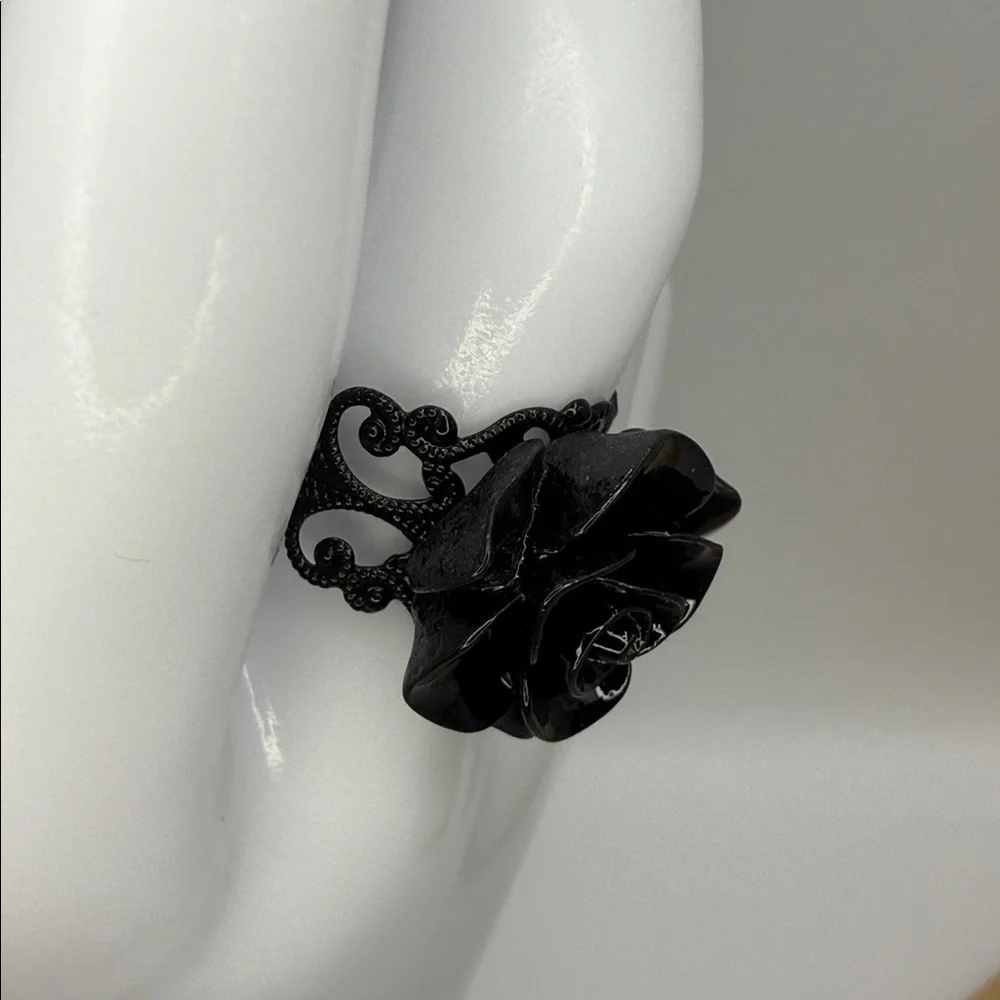 3/$25 Chunky Adjustable Open Black Lace Style with Black Rose Ring Gothic